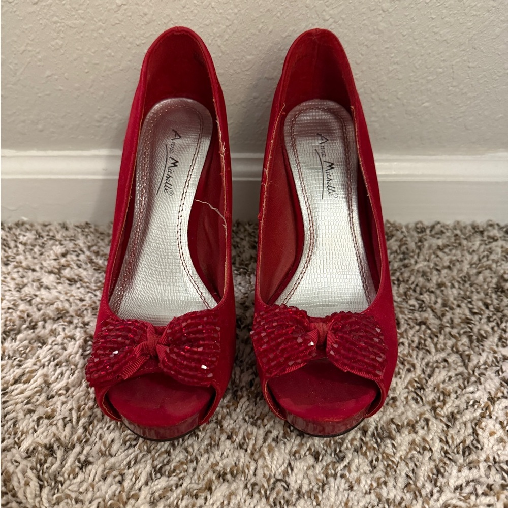 Anne Michelle Red Bow Peep-Toe Heels